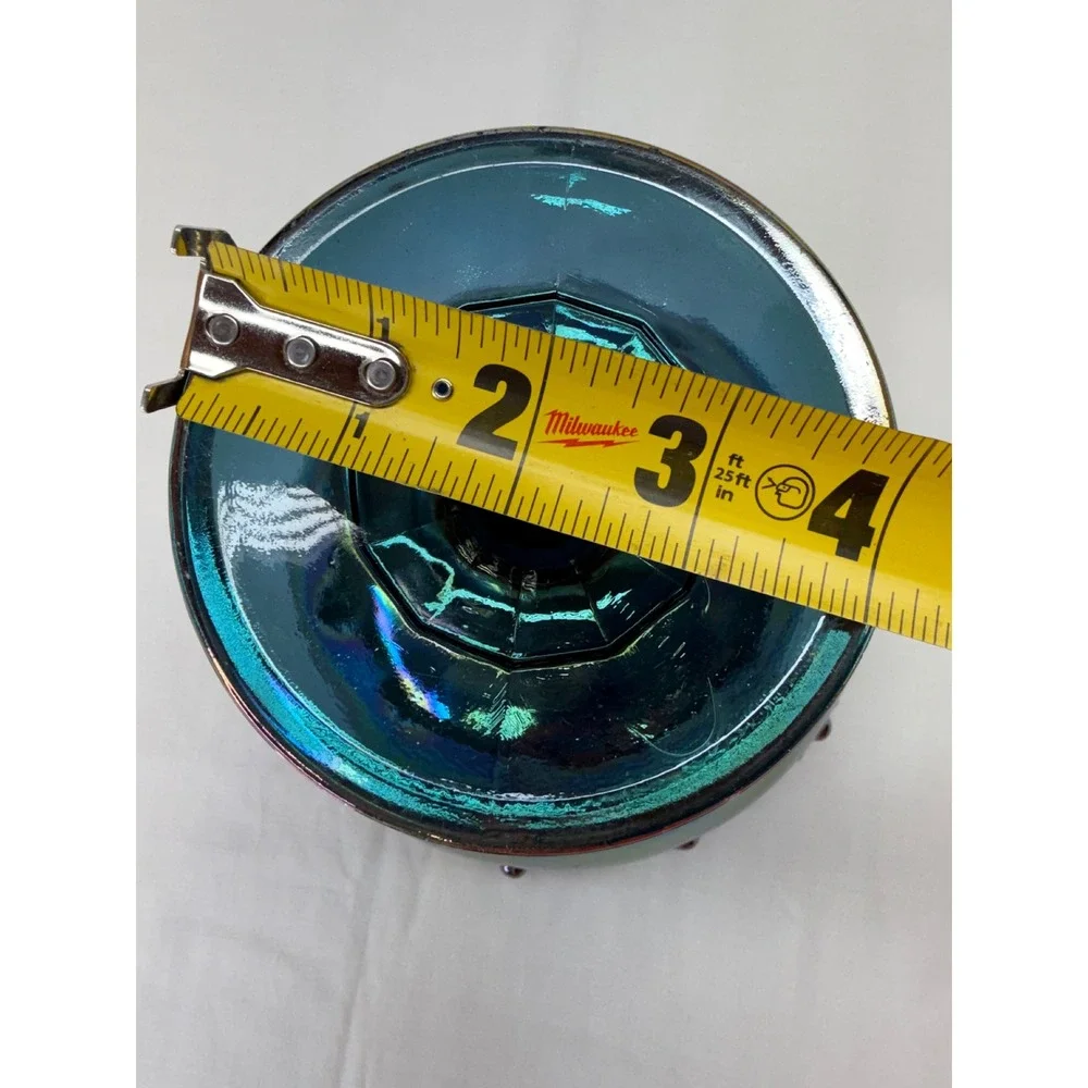 Vtg Iridescent Blue Carnival Glass Compote Scalloped Pedestal Candy Dish 7.25